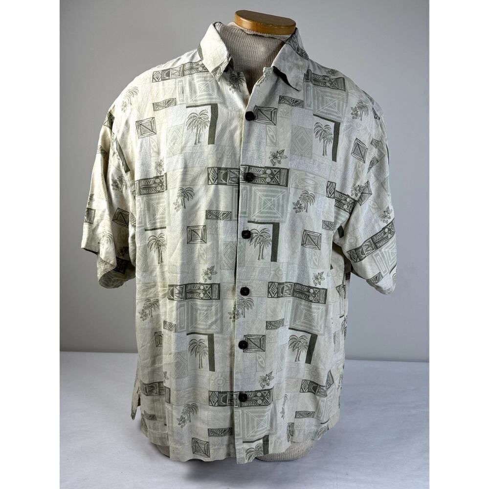 100% Silk Joseph & Feiss Hawaiian Shirt Palm Trees Cream Color - Size XL